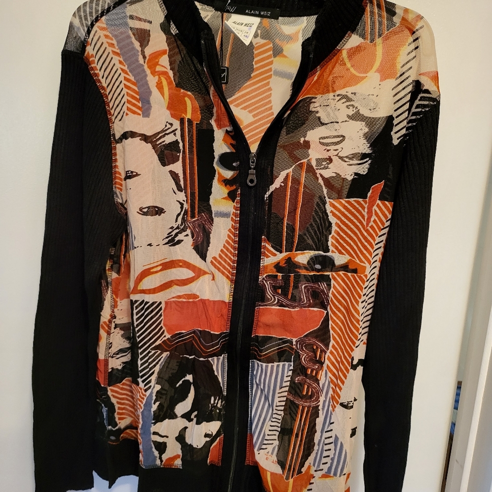 Chiffon Abstract Print Zip-Front Cardigan Sweater - Black & Orange 18 XL